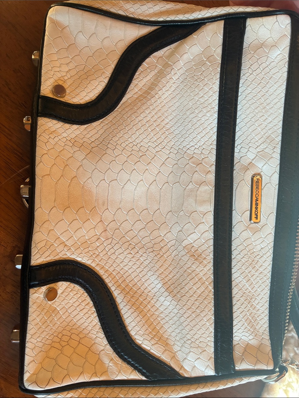 Rebecca Minkoff Cream and Black Faux Snakeskin Satchel with Gold Plaque